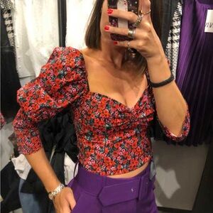 Zara Red Floral Puff-sleeve Top XS